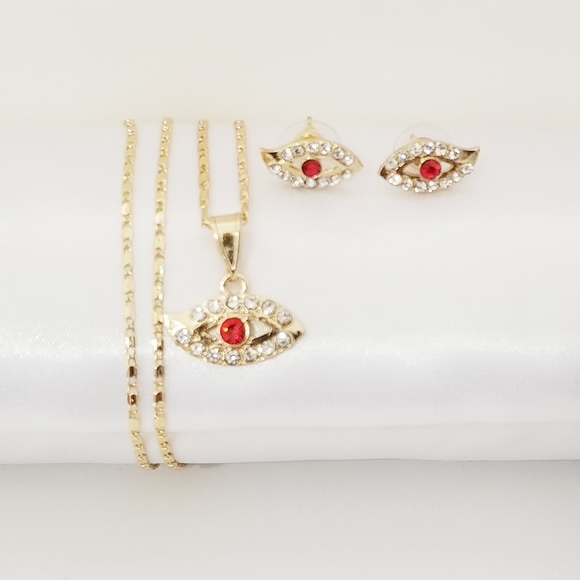 Red Evil Eye Women's Necklace Set. 14K Gold Plated - Picture 4 of 6